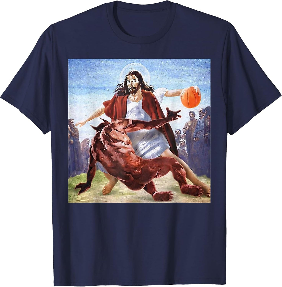 Funny Jesus Crossing Up The Devil Christian Religious T-Shirt - Navy Blue