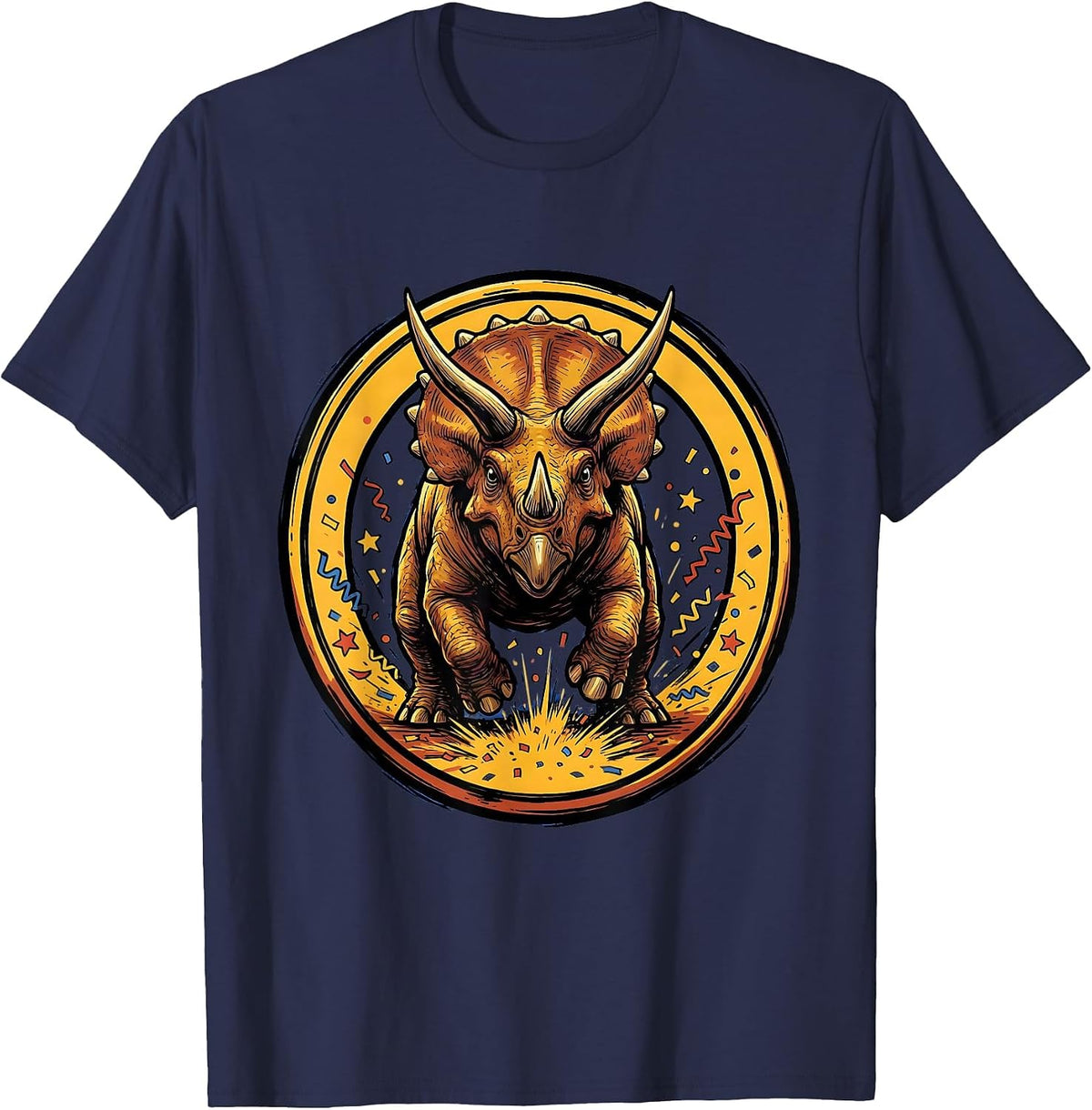 Triceratops Birthday Confetti Explosion Dinosaur T-Shirt - Navy Blue