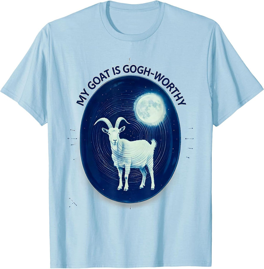Men's My Goat Is Gogh-Worthy Cyanotype Animal Lover Gift T-Shirt - Baby Blue