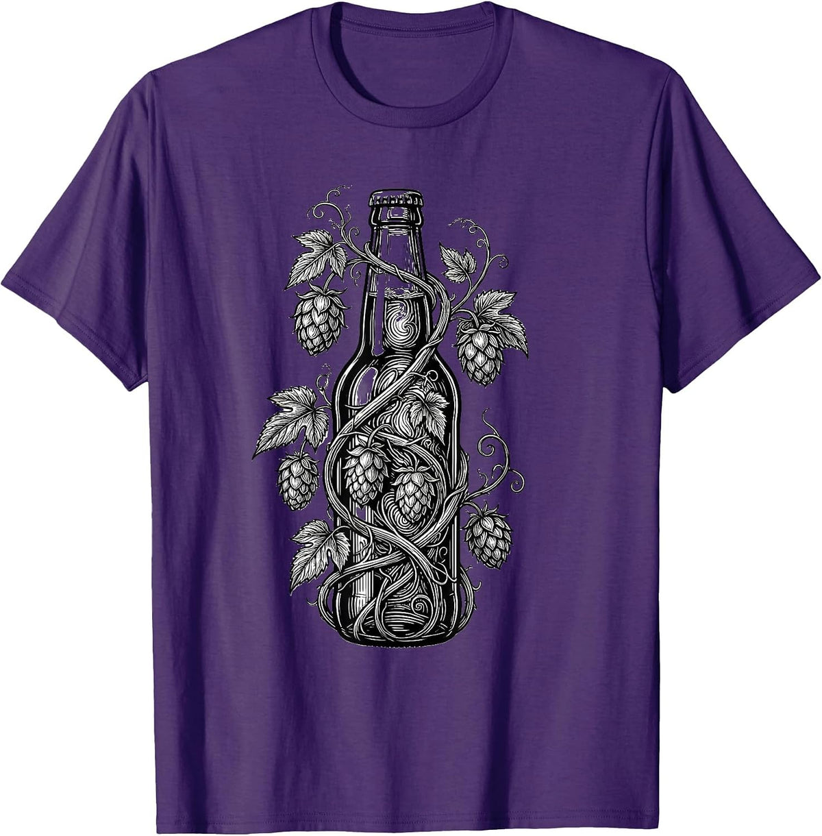 Men's Hop Vine Wrapped Beer Bottle Illustration T-Shirt - Purple