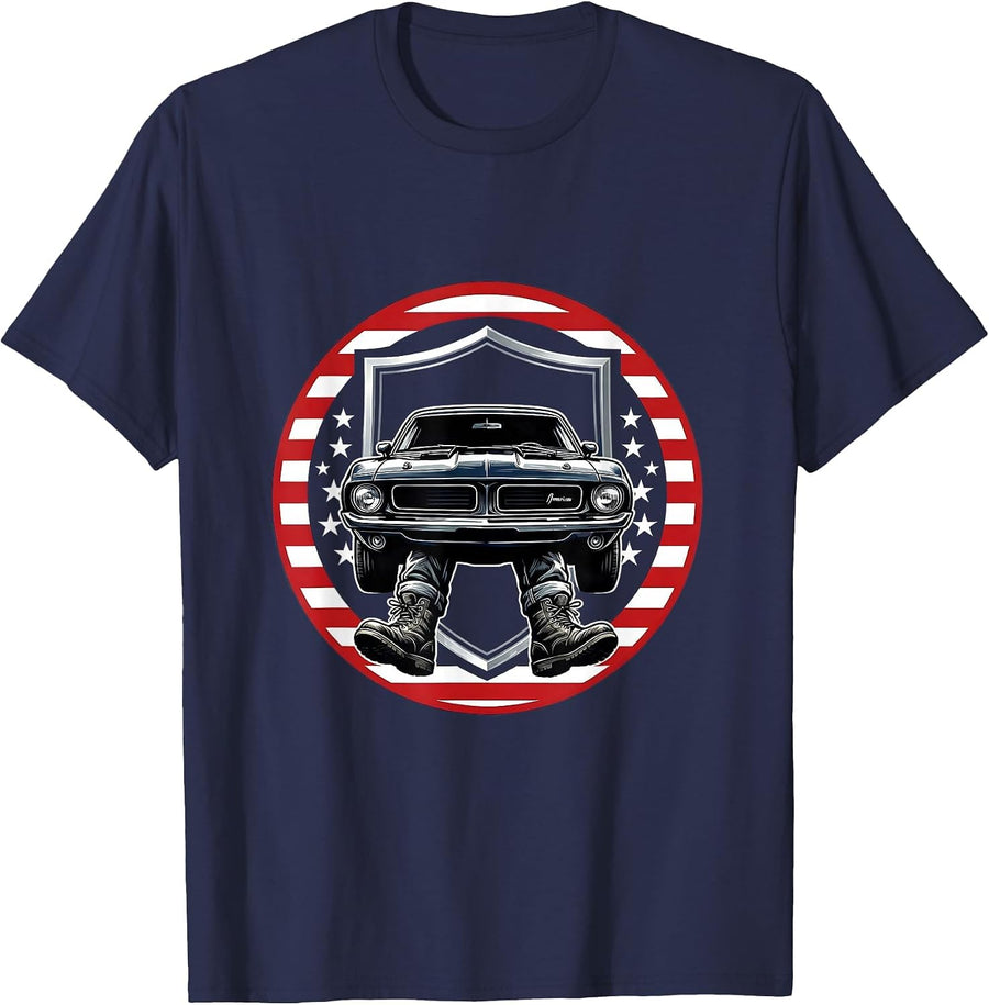 Labor Day Mechanic Under Car Graphic Tee T-Shirt - Navy Blue
