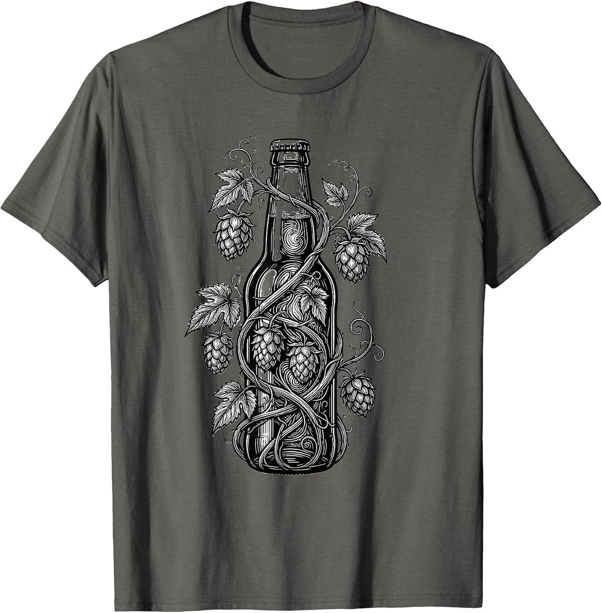 Men's Hop Vine Wrapped Beer Bottle Illustration T-Shirt - Asphalt Grey