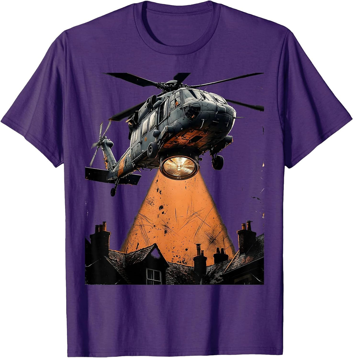 Men's Police Helicopter Searchlight Over Dark Rooftops T-Shirt - Purple