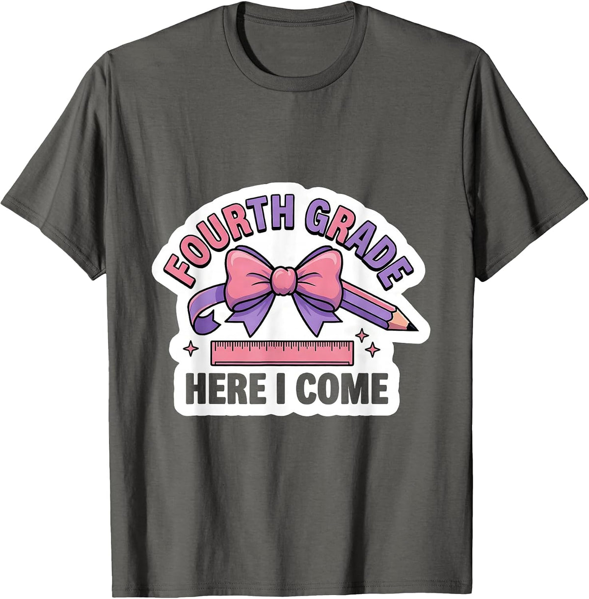 Fourth Grade Here I Come Coquette Bow Back to School Girls T-Shirt - Asphalt Grey