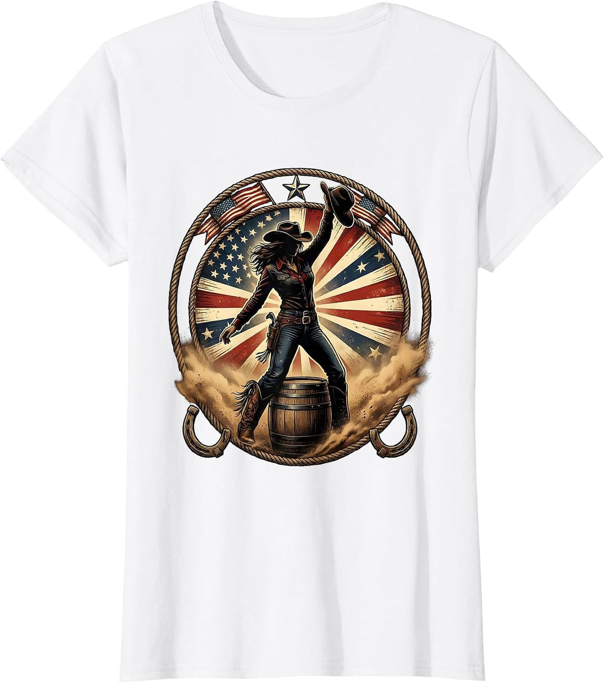 Women's Cowgirl Barrel Racing Dust Cloud Illustration T-Shirt - White