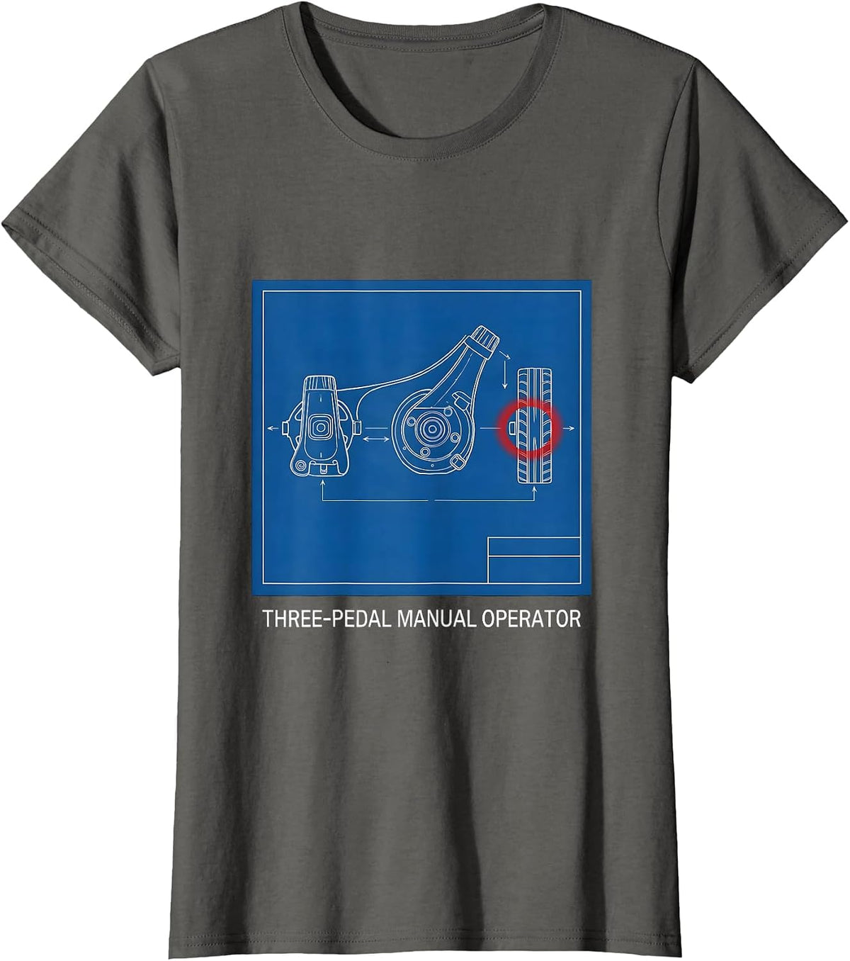 Women's Three-Pedal Manual Operator Technical Blueprint Car Guy T-Shirt - Asphalt Grey
