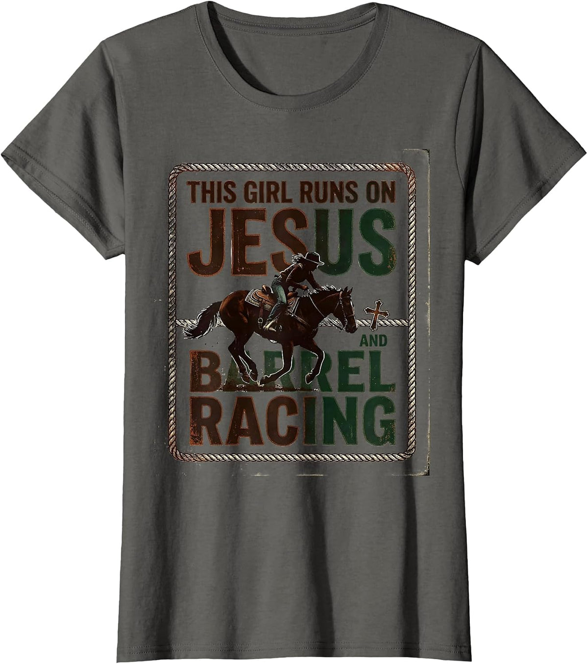 Women's This Girl Runs On Jesus And Barrel Racing Vintage T-Shirt - Asphalt Grey