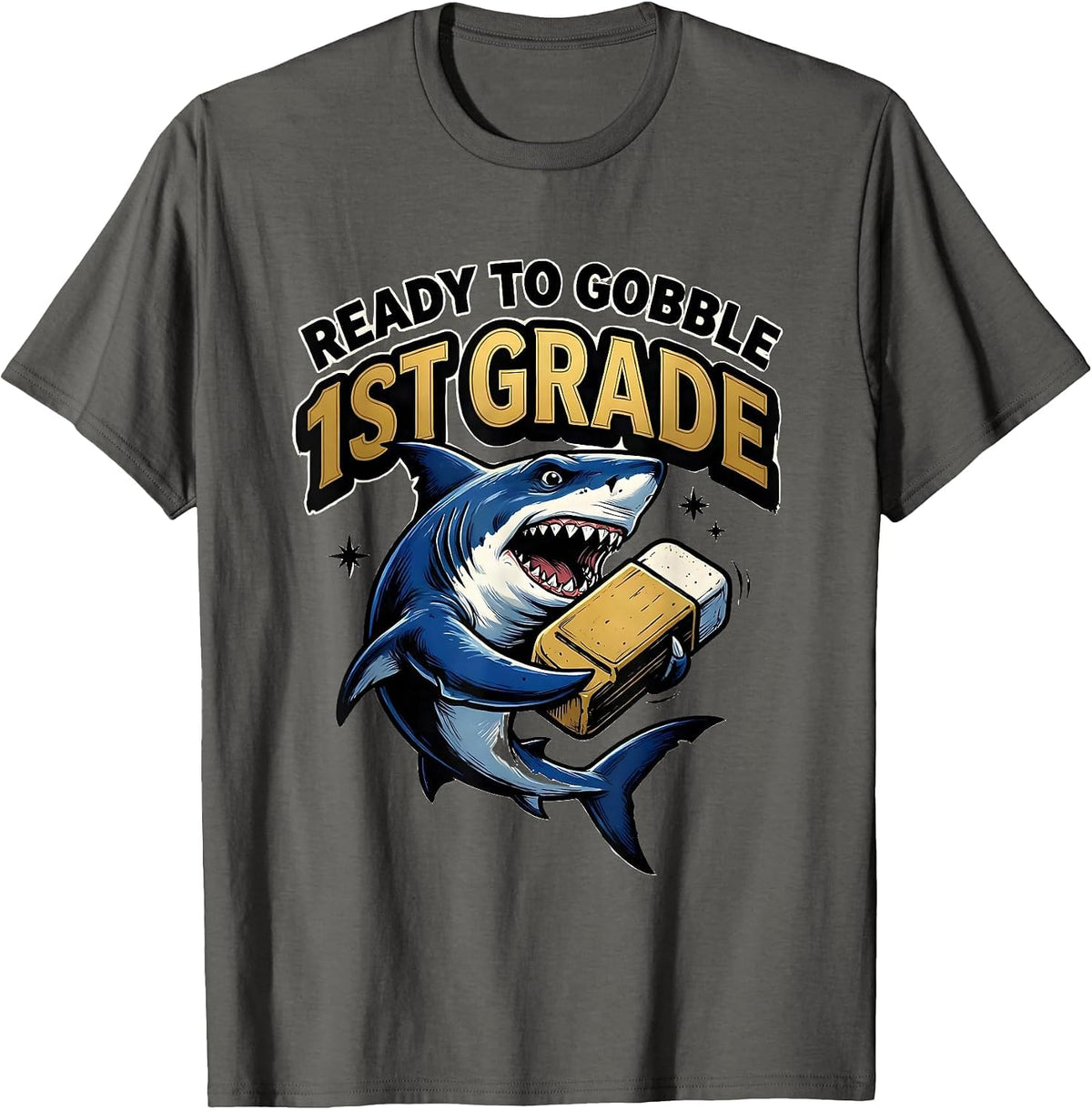 Ready To Gobble 1st Grade Funny Shark Back To School Kids T-Shirt - Asphalt Grey