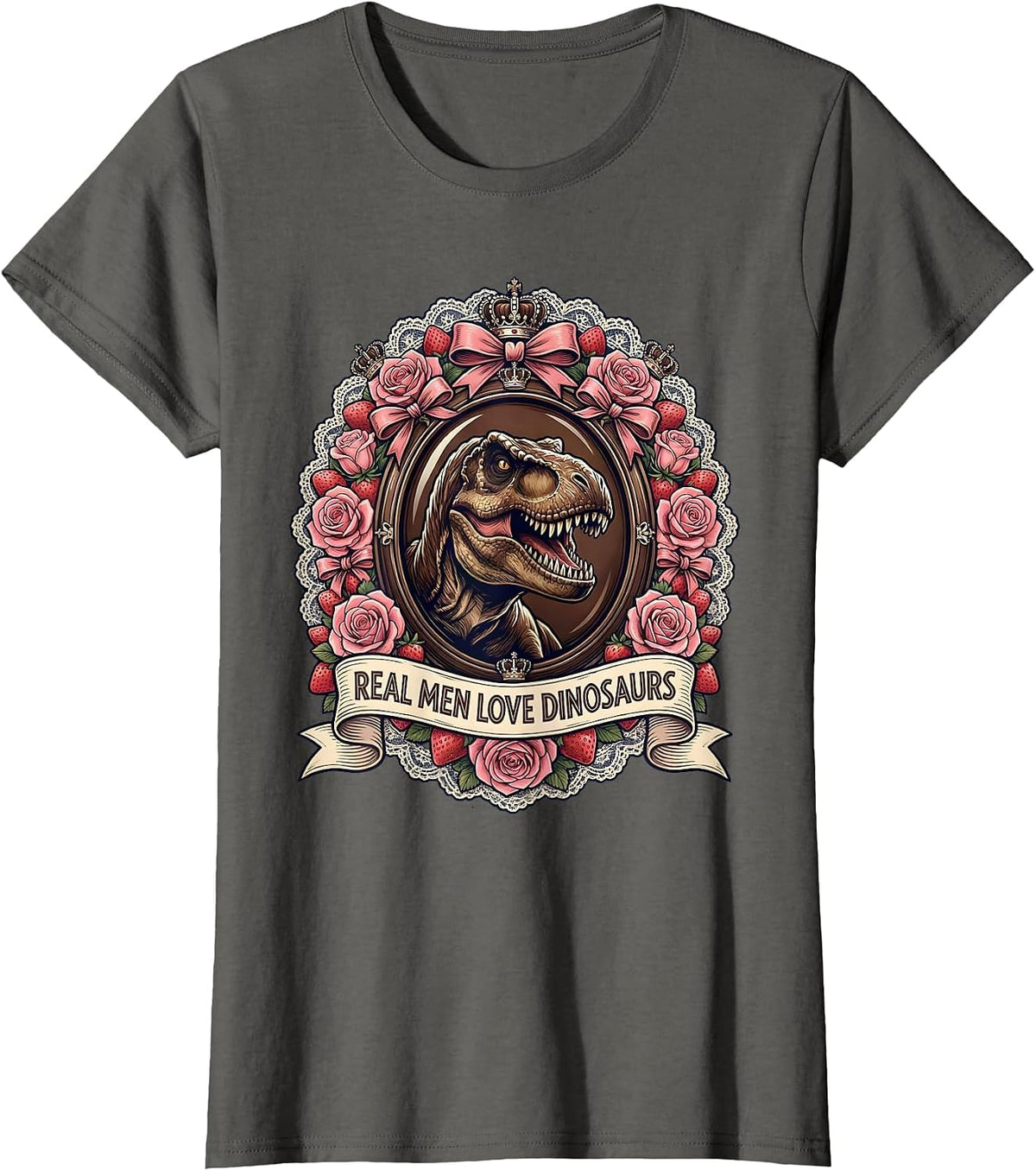 Women's Real Men Love Dinosaurs Graphic Design T-Shirt - Asphalt Grey