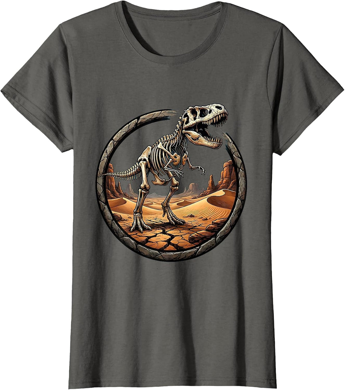 Women's Dinosaur Skeleton Emerging From Desert Ground T-Shirt - Asphalt Grey