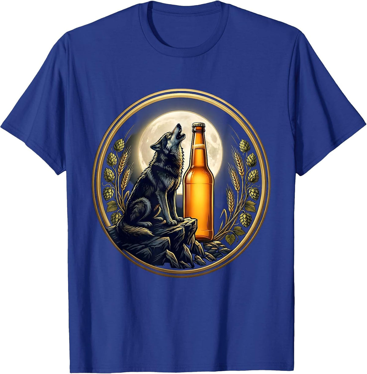 Men's Wolf Howling at Beer Bottle Moon Graphic T-Shirt - Royal Blue