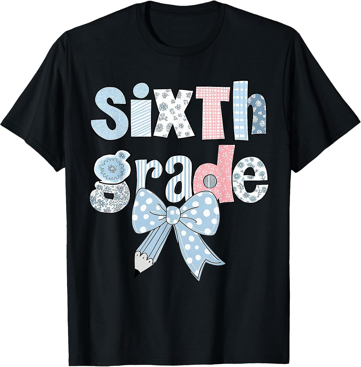 Sixth Grade Coquette Bow Pencil First Day Back to School T-Shirt - Black