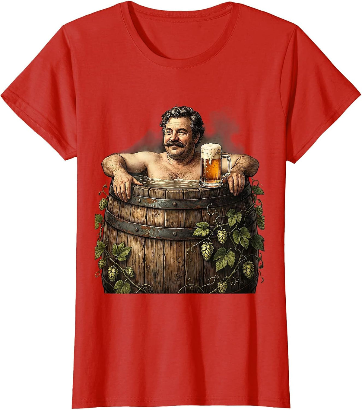 Mustachioed Relaxing in Beer Barrel Illustration T-Shirt - Red