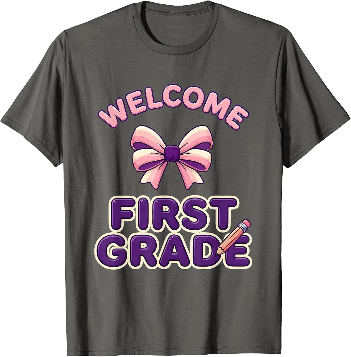 Men's Welcome, First Grade Cute Kawaii Back to School Pencil Bow T-Shirt - Asphalt Grey