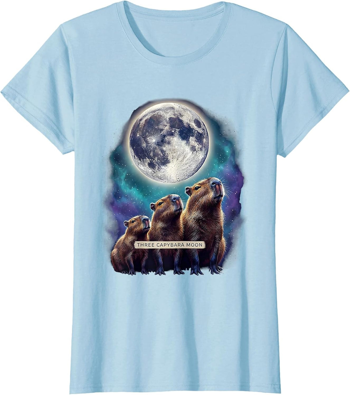 Women's Three Capybara Moon Cosmic Animal Parody Meme Humor T-Shirt - Baby Blue
