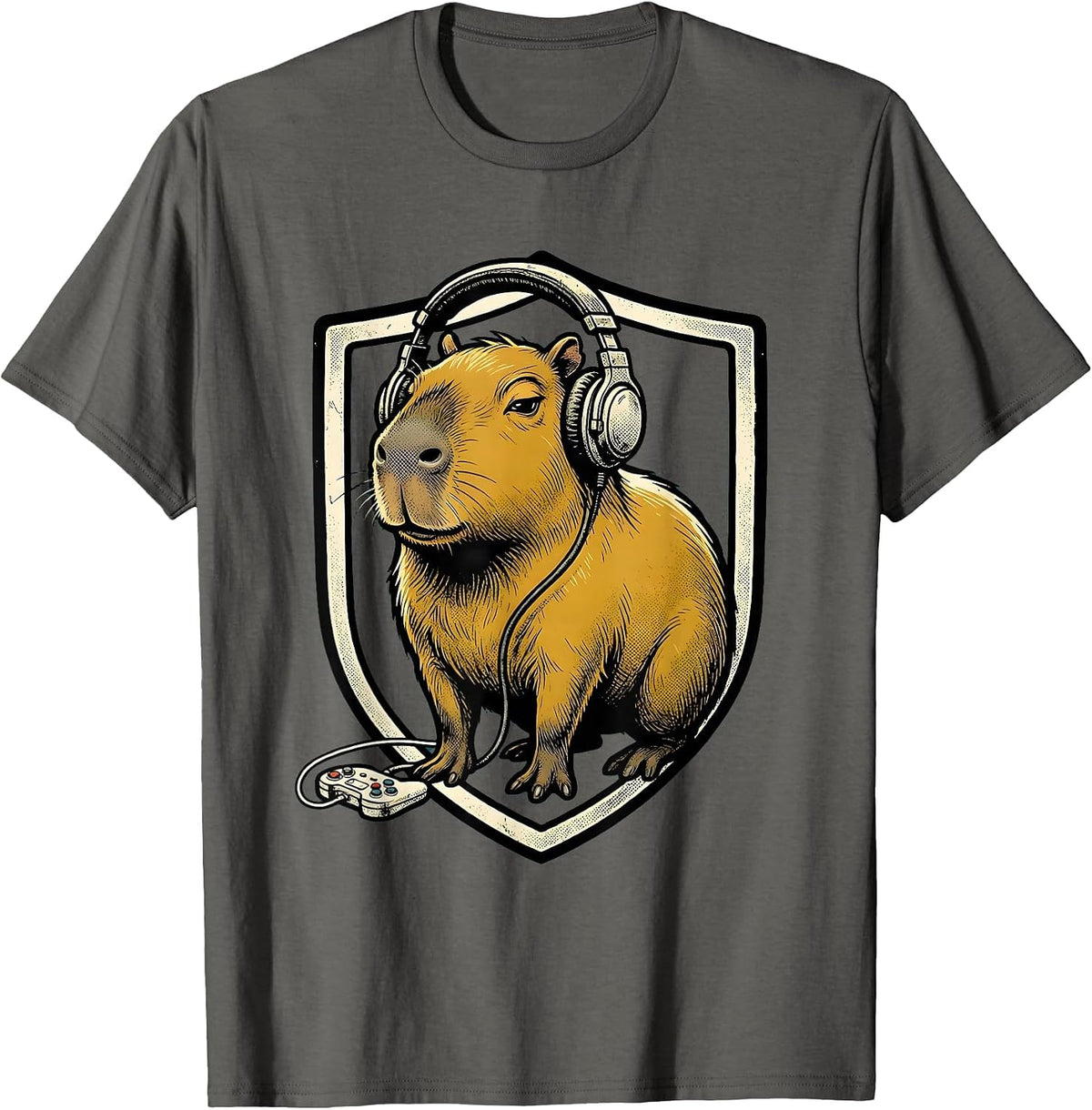 Men's Capybara Gamer Retro Cartoon Funny Video Games T-Shirt - Asphalt Grey