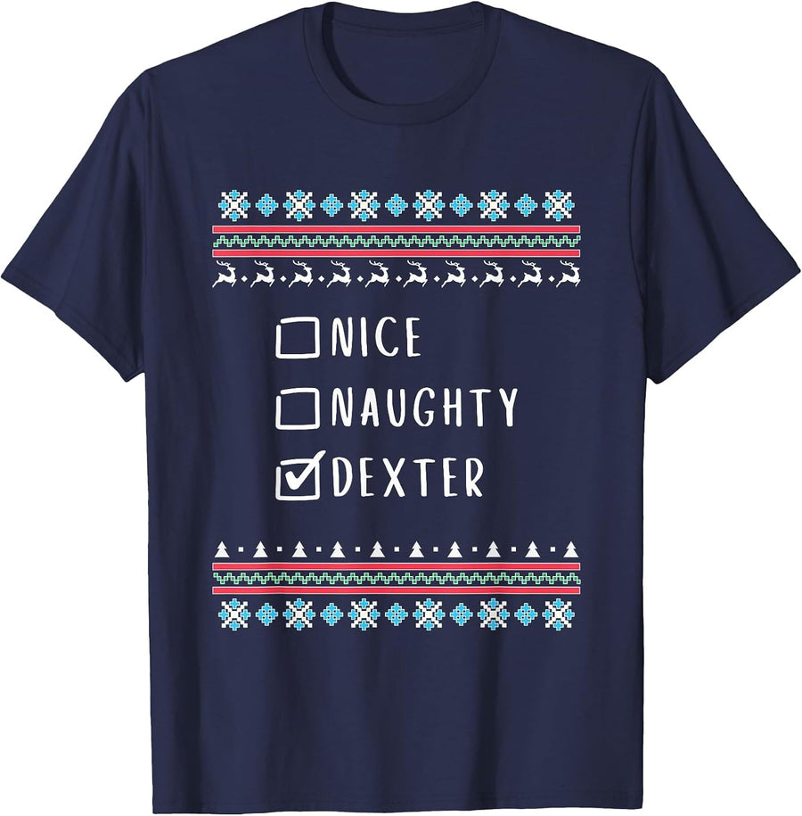 Nice, Naughty, Dexter, Ugly Sweater Style T-Shirt - Navy Blue