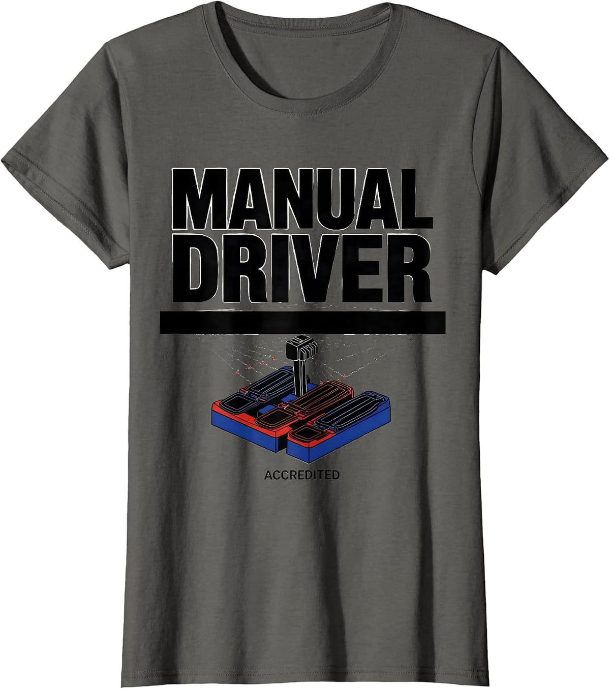 Women's Manual Driver Accredited Geometric Car Guy Stick Shift Humor T-Shirt - Asphalt Grey