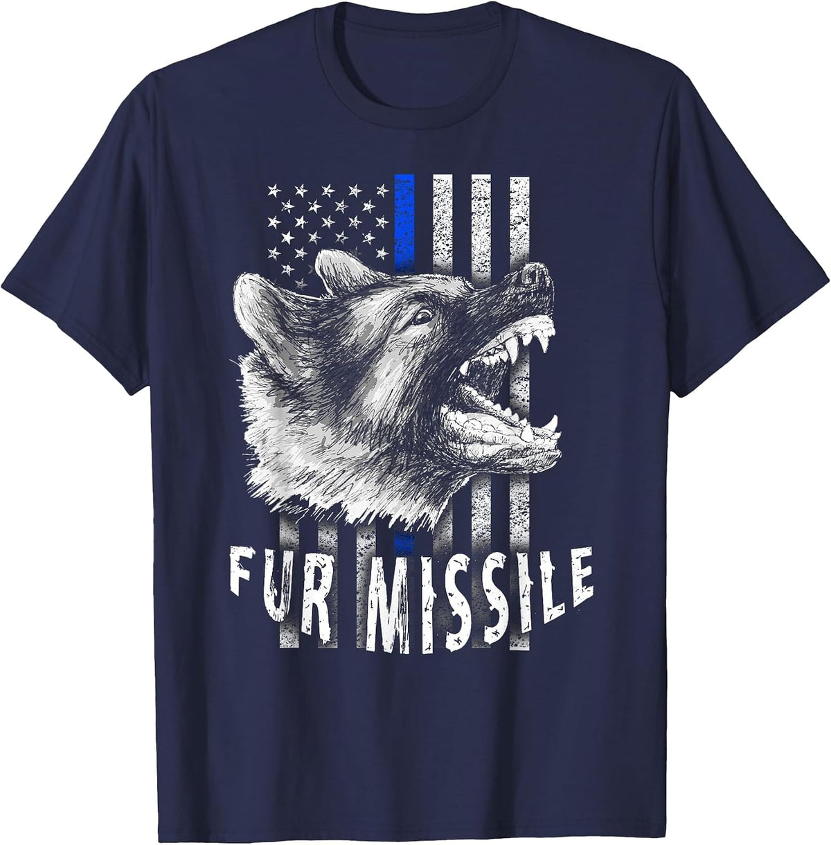 Fur Missile K-9 T-Shirt Vertical Thin Blue Line Flag T-Shirt - Navy Blue