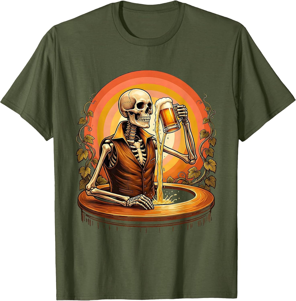 Skeleton Bartender Pouring Golden Draft Beer T-Shirt - Olive Green