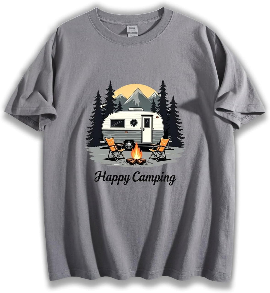 Unisex Loose Fit Crewneck Cotton T-Shirt, Happy Camping Vintage Camper Trailer Mountain Pine Tree Outdoor Graphic Tee - Gray