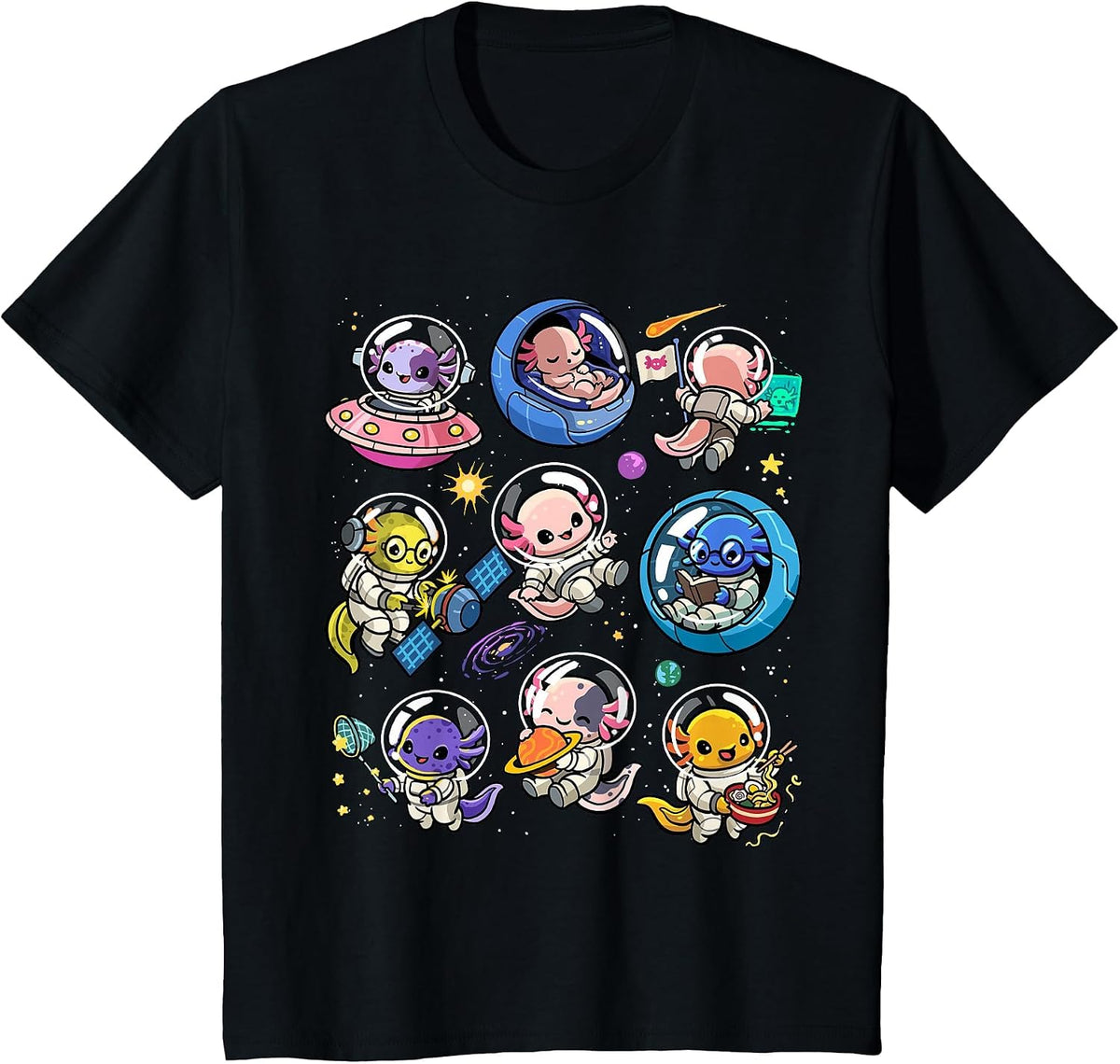 Space Axolotls Cute Galaxy Astronaut Axolotl Animal Planets T-Shirt - Black