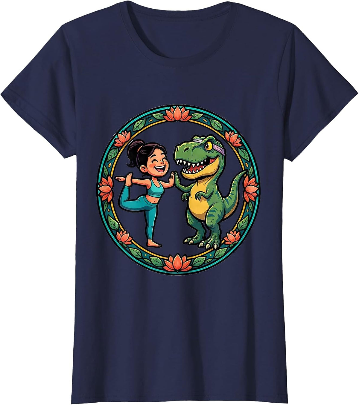 Women's Dinosaur Yoga Partner Funny T-Rex Pose Design T-Shirt - Navy Blue