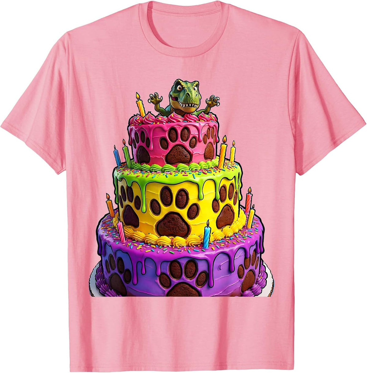 Dinosaur Birthday Cake Stack Illustration T-Shirt - Pink