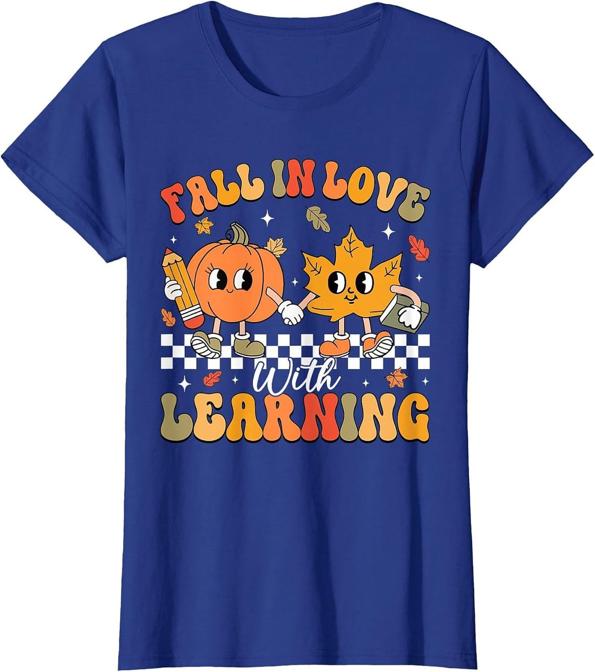 Retro Fall in Love with Learning Autumn Pumpkin Teacher T-Shirt - Royal Blue