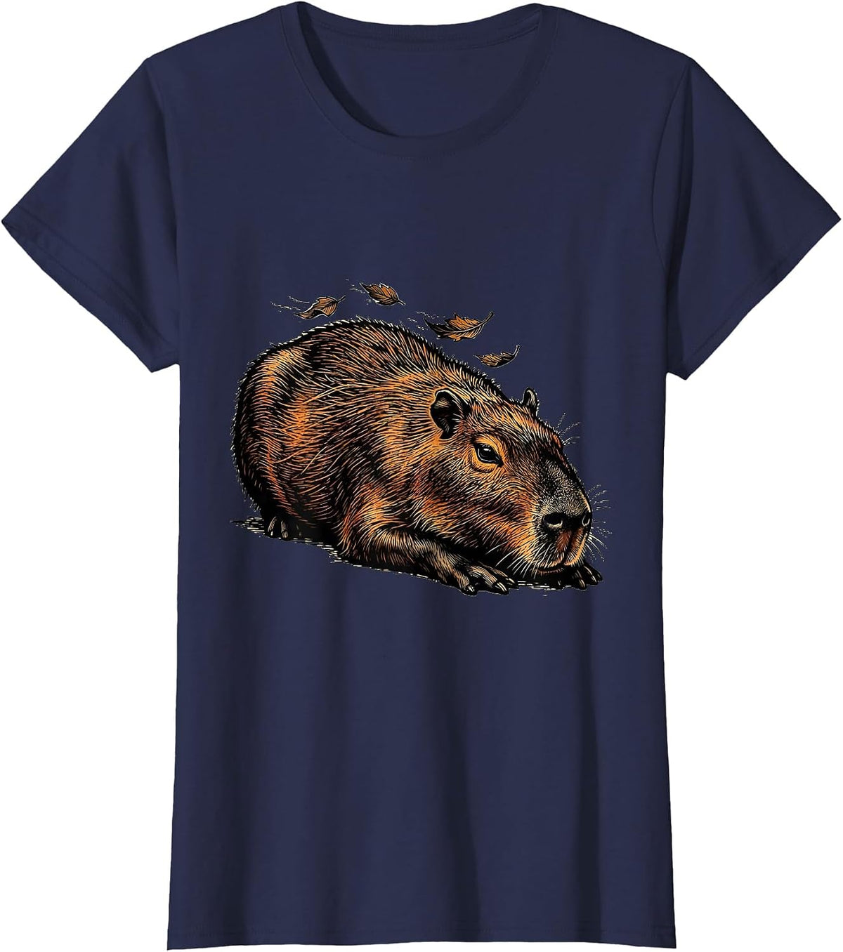 Women's Capybara Linocut Animal Humor Meme T-Shirt - Navy Blue