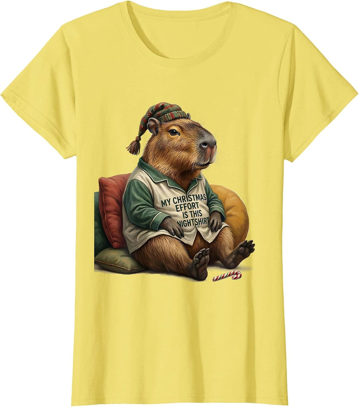 Women's My Christmas Effort Is This Nightshirt Funny Capybara Family T-Shirt - Lemon Yellow
