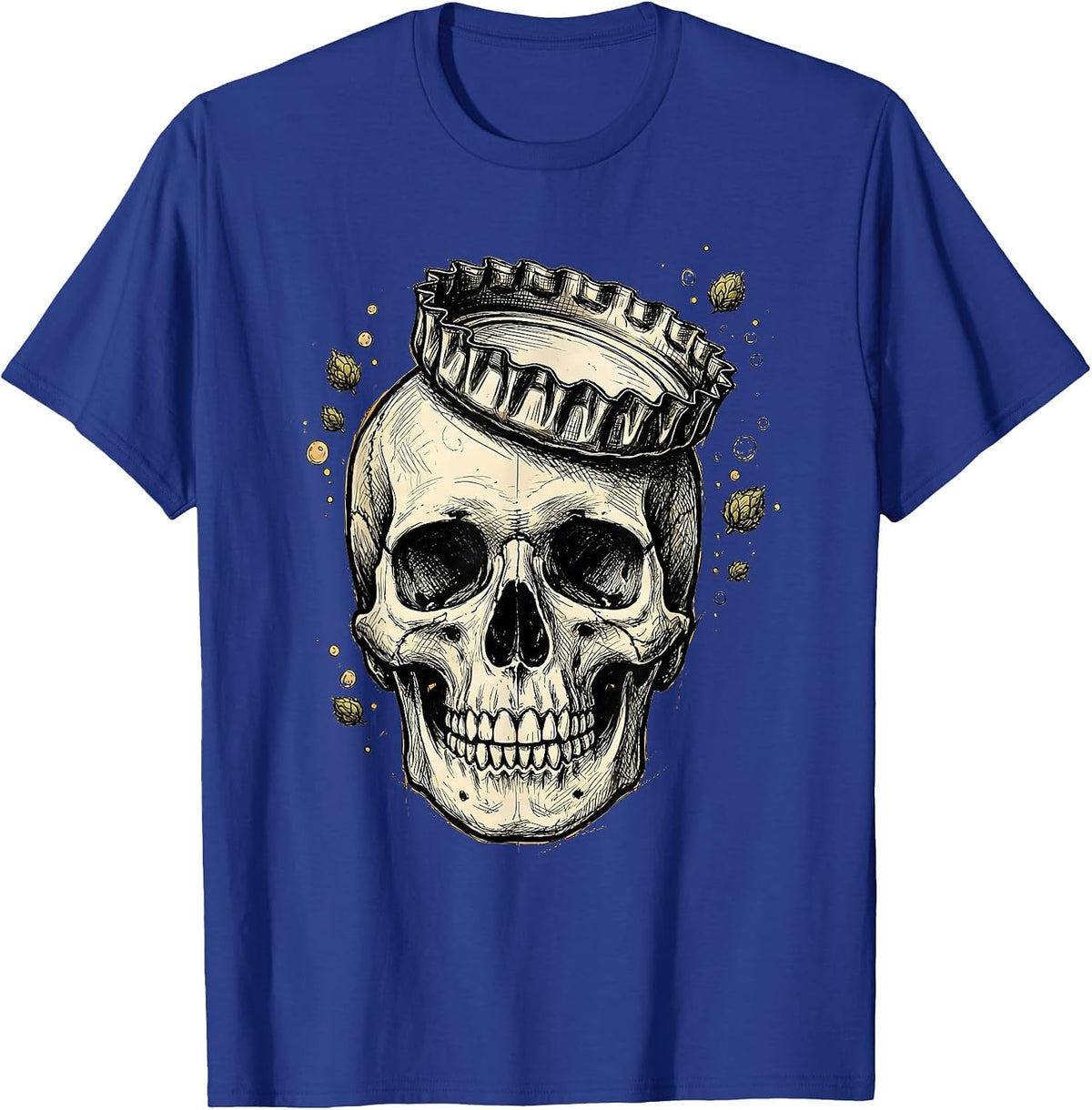 Men's Skull Beer Bottle Cap Crown Graphic T-Shirt - Royal Blue