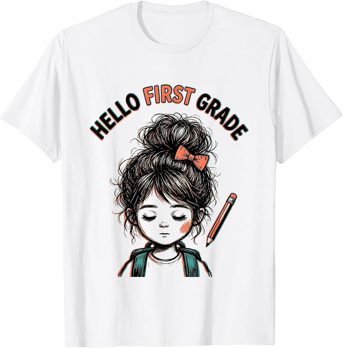 Men's Hello First Grade Back To School Messy Bun Girl Humor T-Shirt - White