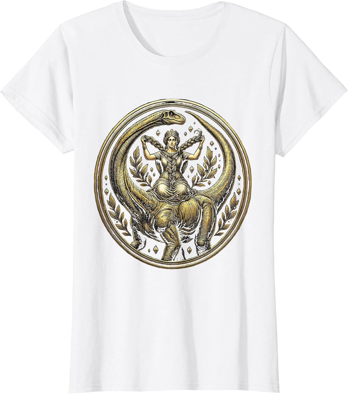 Women's Braiding the Brachiosaurus Dinosaur Graphic T-Shirt - White