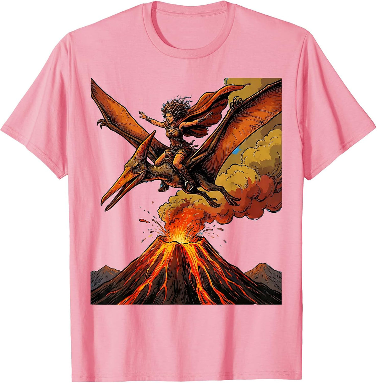 Men's Pterodactyl Soaring Above Volcano Dinosaur Tee T-Shirt - Pink