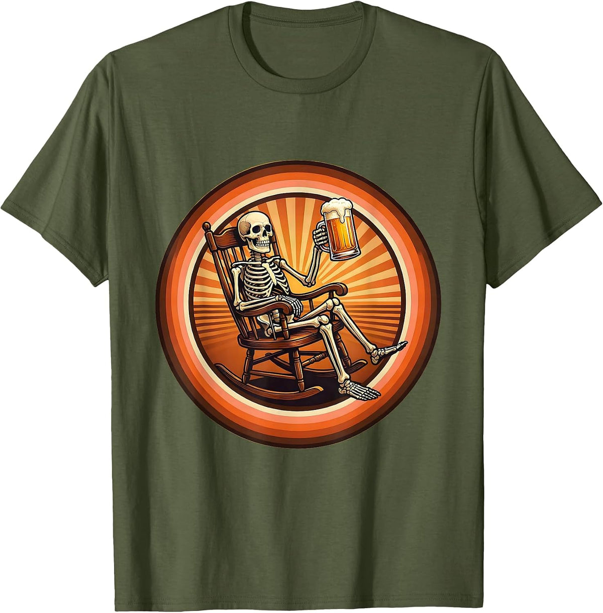 Skeleton Rocking Chair Beer Drinking Illustration T-Shirt - Olive Green