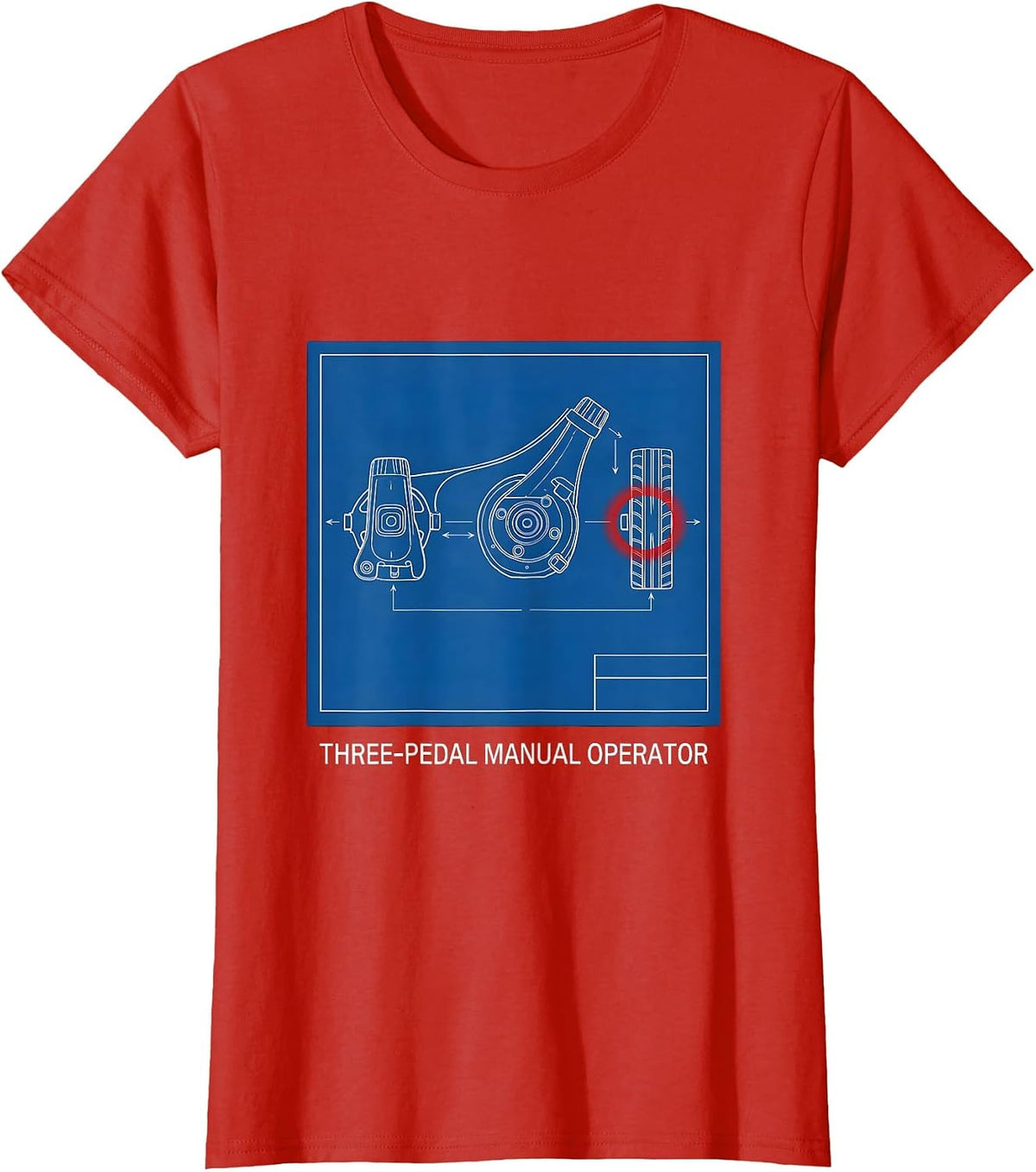 Women's Three-Pedal Manual Operator Technical Blueprint Car Guy T-Shirt - Red