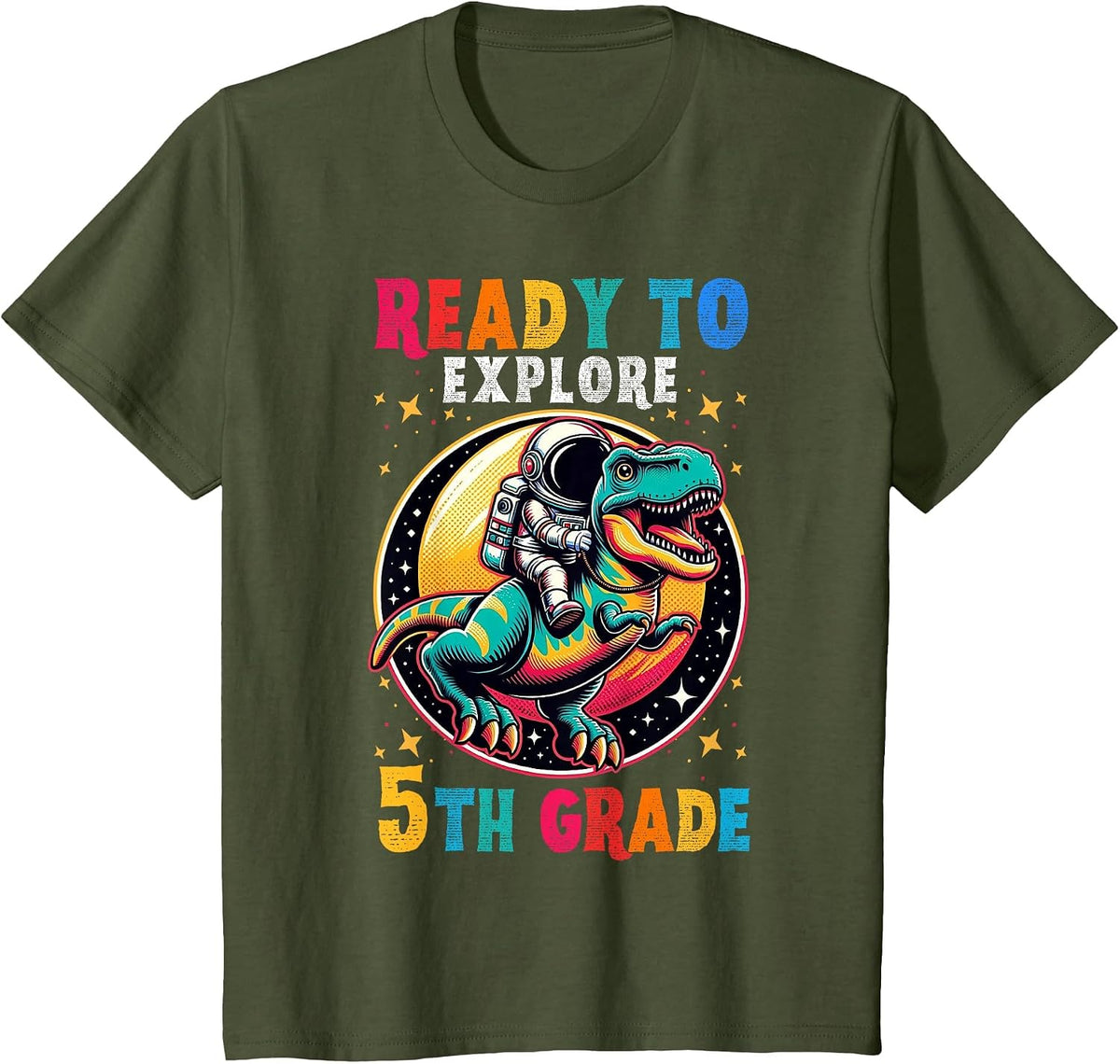 First Day Back to School 5th Grade Astronaut Dinosaur Boys T-Shirt - Olive Green
