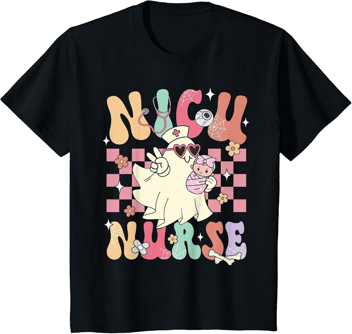 NICU Nurse Spooky Ghost Halloween Cute Nursing Costume T-Shirt - Black