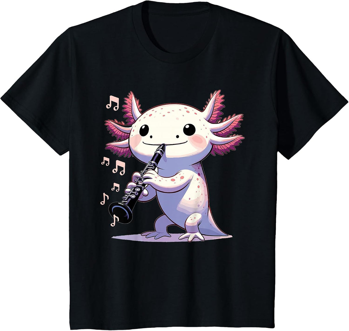 Cute Pink Kawaii Axolotl Playing Clarinet T-Shirt - Black