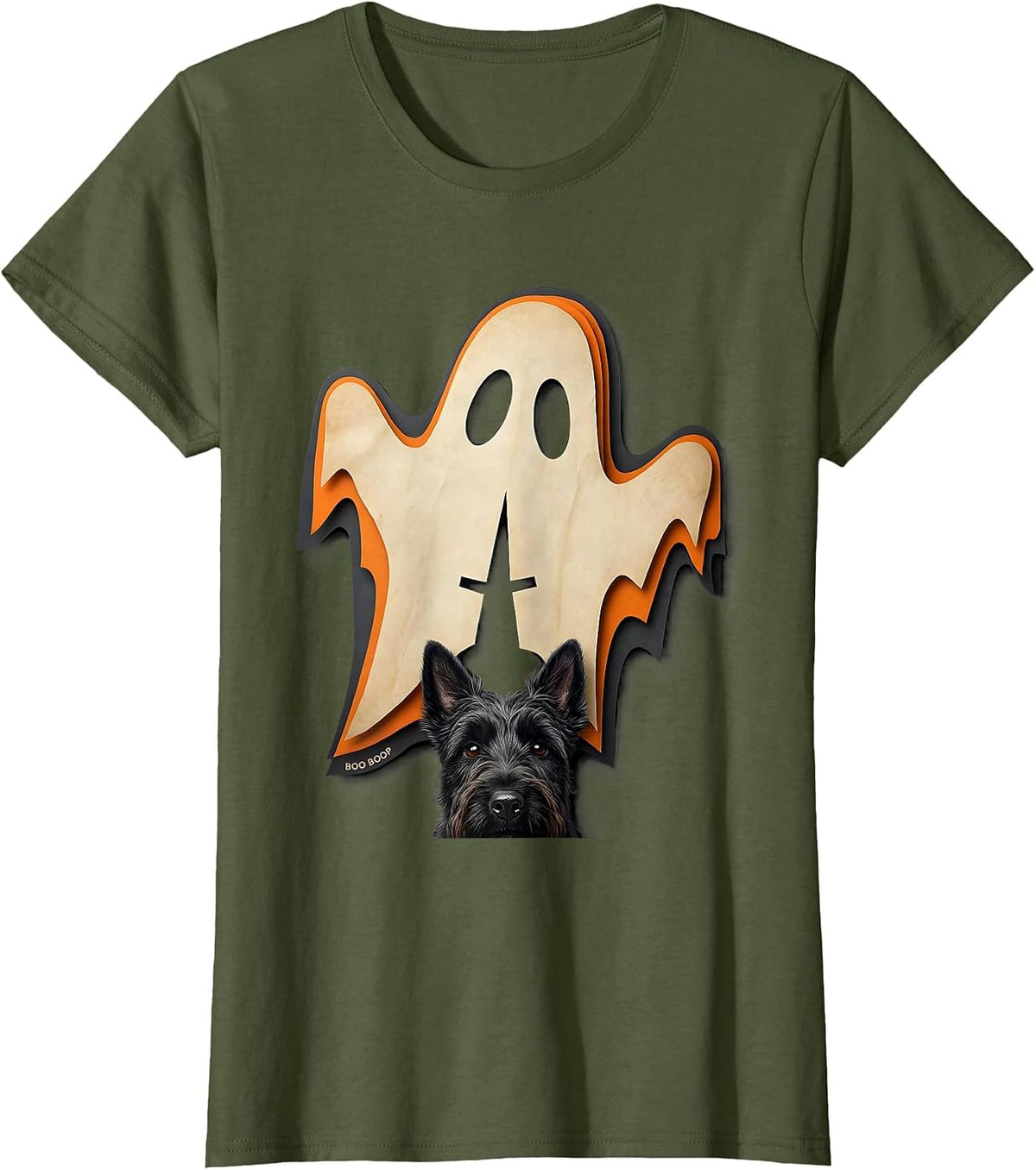 Women's Boo Boop Paper Cutout Funny Dog Ghost Dog Lover Halloween T-Shirt - Olive Green
