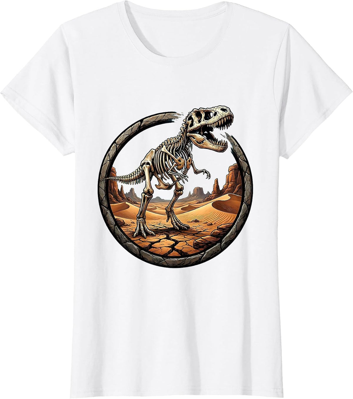 Women's Dinosaur Skeleton Emerging From Desert Ground T-Shirt - White