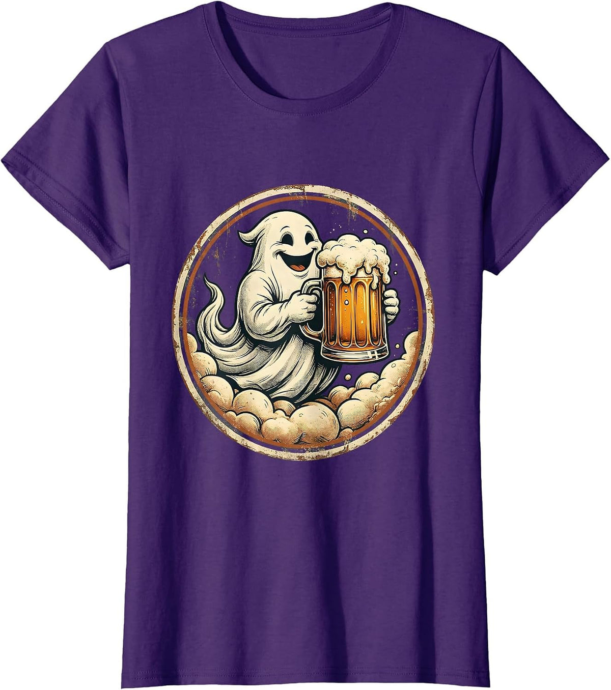 Women's Friendly Ghost Beer Mug Illustration T-Shirt - Purple