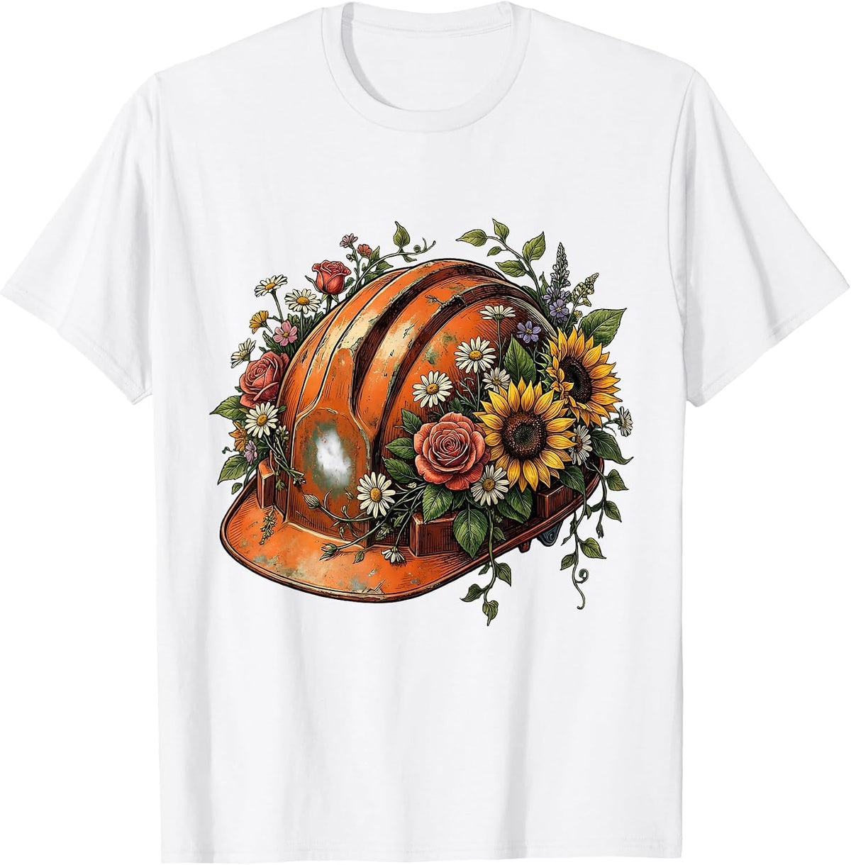 Floral Hard Hat Labor Day Illustration T-Shirt - White