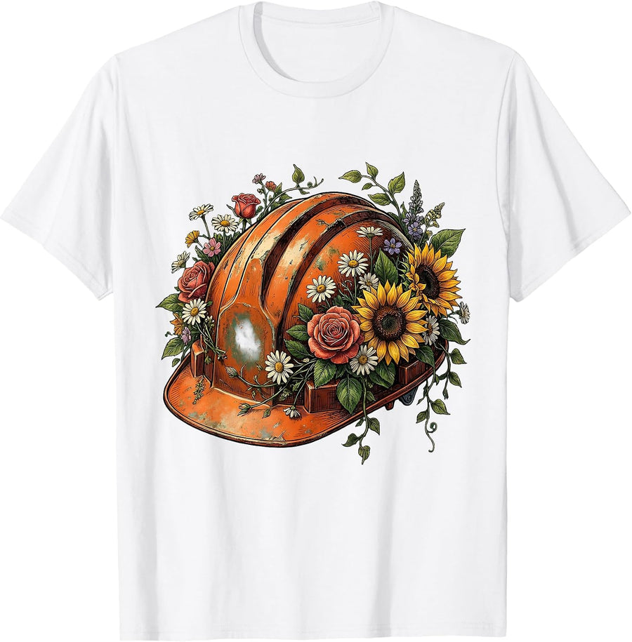 Floral Hard Hat Labor Day Illustration T-Shirt - White