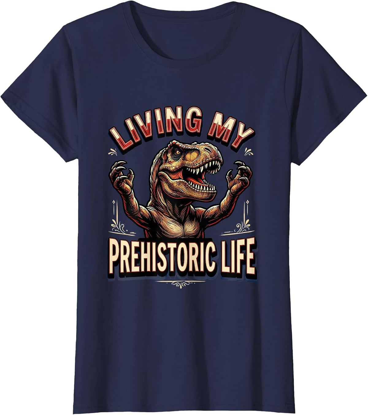 Women's Living My Prehistoric Life Dinosaur Design T-Shirt - Navy Blue