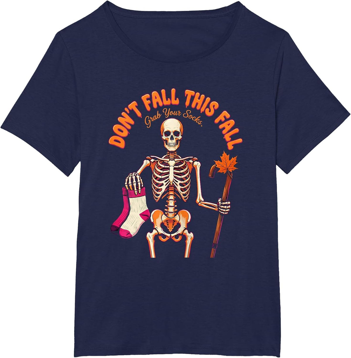 Women's Don't Fall This Fall Grab Your Socks Funny Skeleton Nurse T-Shirt - Navy Blue