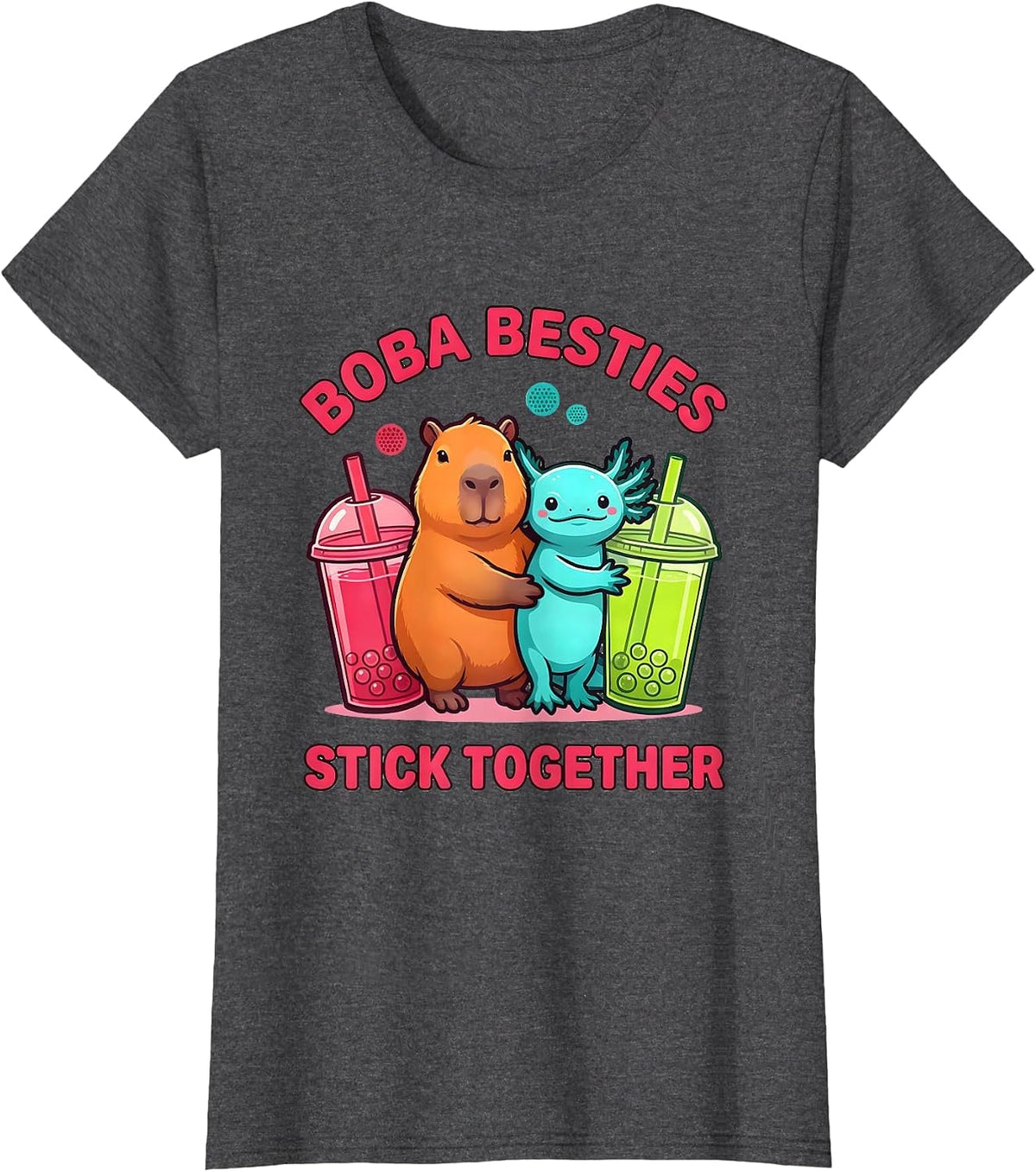 Women's Boba Besties Stick Together Cute Capybara Axolotl Kawaii T-Shirt - Dark Heather Grey