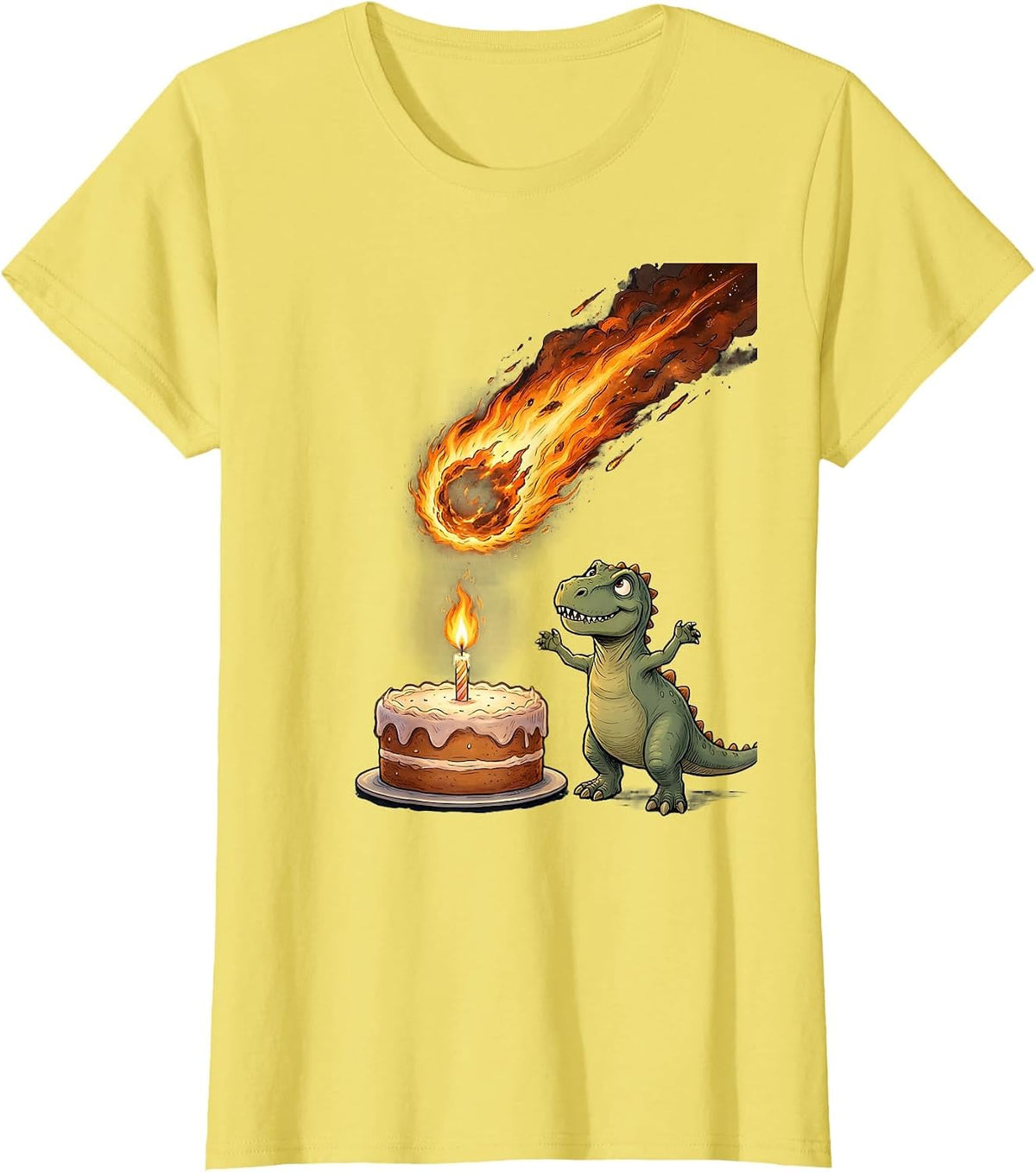 Dinosaur Birthday Meteor Candle Flame Graphic T-Shirt - Lemon Yellow