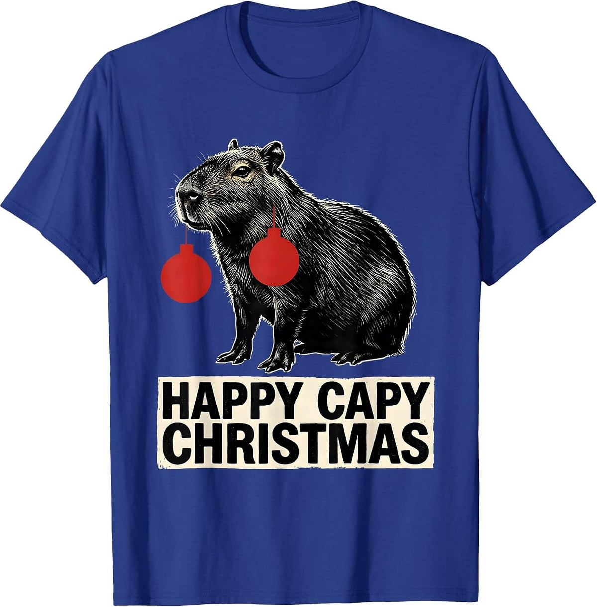 Happy Capy Christmas Linocut Funny Capybara Animal Lover T-Shirt - Royal Blue